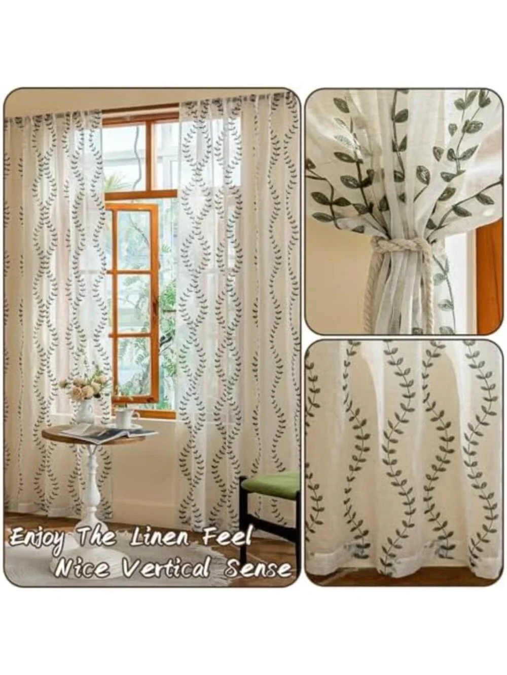 Linen Leaf String Floral Embroidered Semi-Sheer Curtains, Sage Green, 52x63
